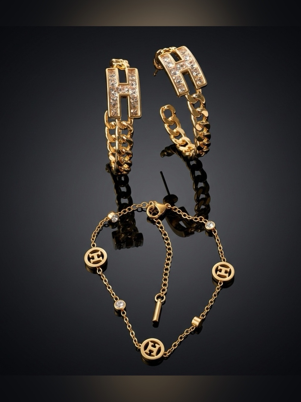 Fashion Jewelry Gold-Tone Chain Bracelet with Crystal Medallions with H Letter - Picture 2 of 7